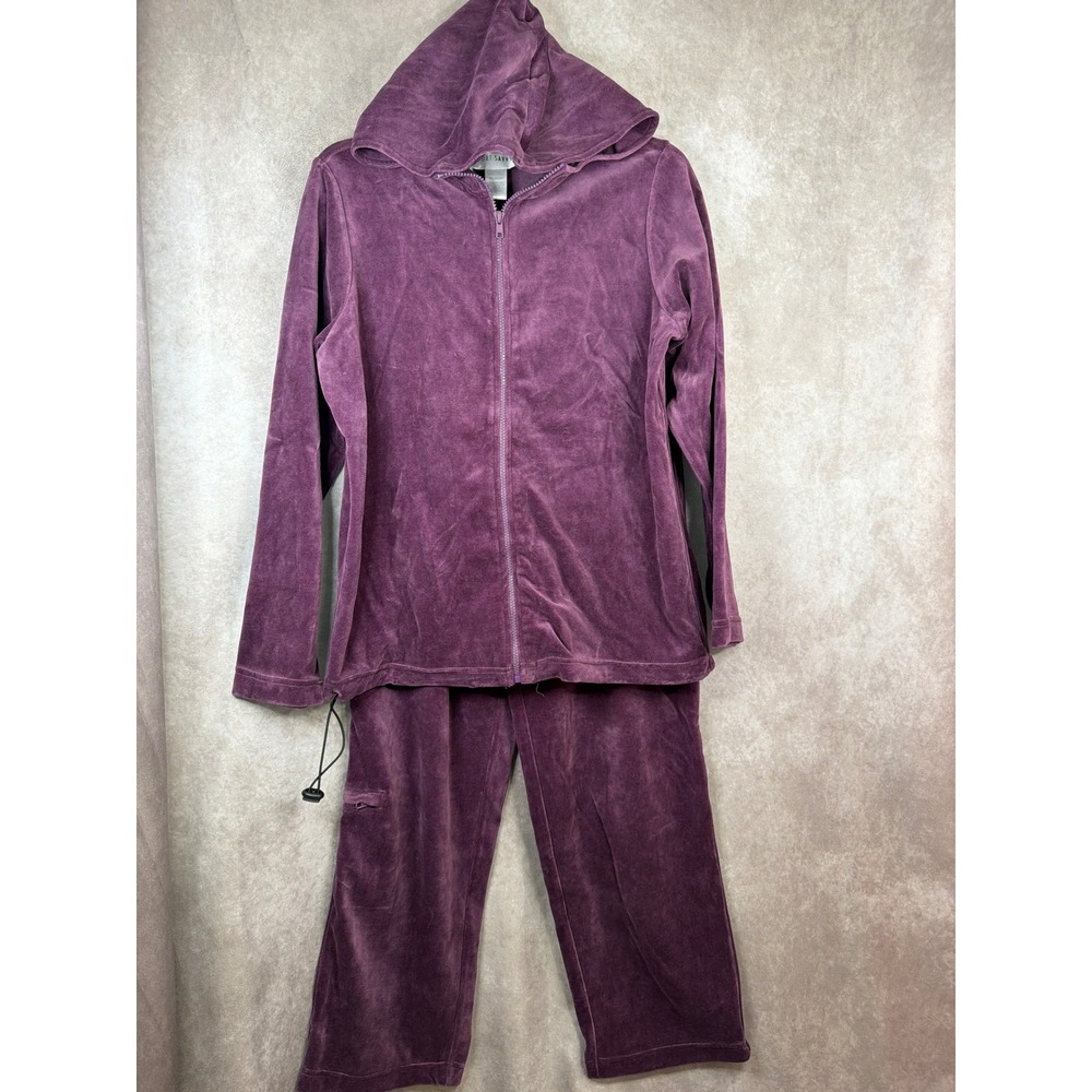 VTG NWOT SPORT SAVVY Womens‎ Purple Velour Tracksuit Set Hooded Jacket Pants Med